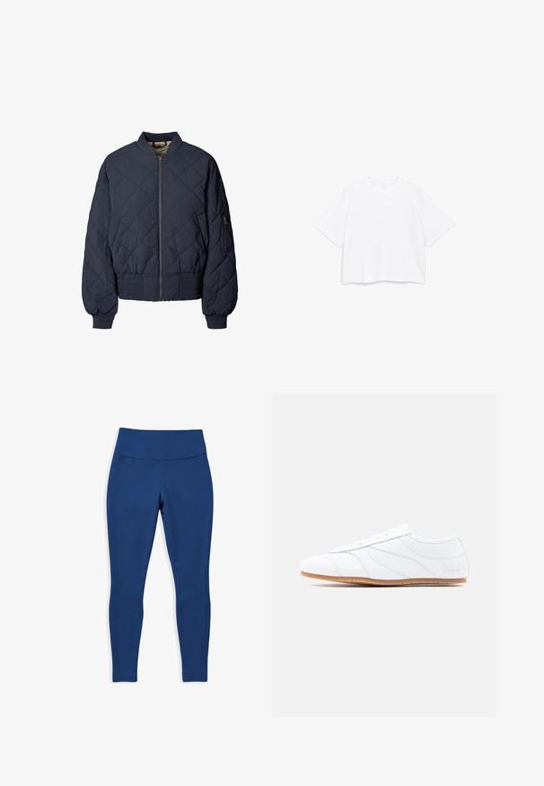 Veste bomber matelassée bleu marine avec fermeture éclair à l'avant, poignets élastiques et poche latérale. Dotée d'une taille ajustée et d'une texture lisse.; T-shirt blanc à manches courtes avec encolure ronde et coupe carrée ample, présenté sur un fond blanc uni.; Collants bleu marine en tissu extensible, dotés d'une large ceinture et d'accents en maille latérale, conçus pour le confort et la flexibilité.; Baskets basses blanches à lacets, tige en cuir lisse, panneaux subtilement cousus et semelle en caoutchouc marron clair.