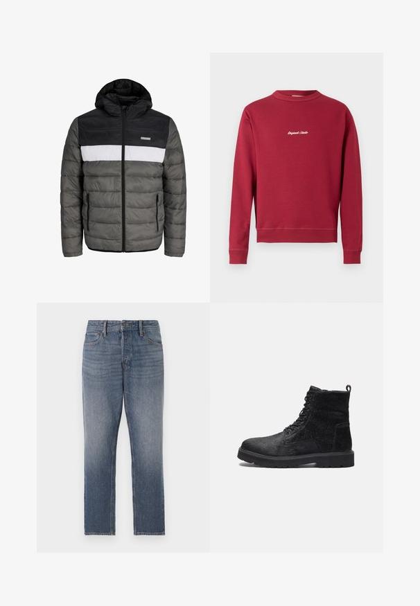 Gevoerde jas met een zwarte capuchon, grijze body en een witte centrale panel. Voorzien van een ritssluiting en zijzakken met een horizontaal gestikt patroon.; Bordeaux sweatvest van een katoenmix met een ronde hals, ribgebreide manchetten en onderrand. Voorzien van witte geborduurde tekst "Original Studio" op de voorkant.; Donkerblauwe denim jeans met rechte pijpen, voorzien van een vervaagde was, vijf zakken en hardware in kopertint. Een schone, klassieke uitstraling.; Zwarte enkelboots met een gestructureerde bovenkant, voorzien van vetersluiting aan de voorkant, een stevige rubberen zool en een trekhaak aan de achterkant voor gemakkelijk aantrekken.