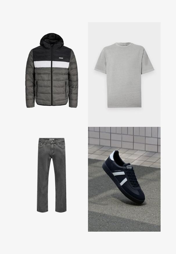 Polstret jakke med sort hætte, grå krop og hvid centralpanel. Har lynlåslukning og sidelommer med et vandret quiltet mønster.; Enkelt lysegrå kortærmet T-shirt med rund hals og lige kant, vist mod en hvid baggrund.; Mænds mørkegrå denimjeans med lige ben, forrest lukning med knap og lynlås, bæltestropper og klassisk five-pocket design.; Sort lædersneaker med hvide striber, tekstureret gummisål og snørrebånd foran. Har et brandet mærke på tungen.