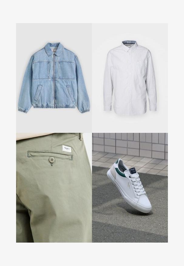 Hellblaue Jeansjacke mit Reißverschluss vorne, weitem Kragen, zwei seitlichen Taschen, elastischen Bündchen und lockerem Schnitt, mit Nahtdetails.; Langärmliges Hemd mit Knopfleiste in Hellblau mit weißen Streifen. Verfügt über einen Kragen, eine Brusttasche und glattes Baumwollmaterial.; Helle olivgrüne Baumwollhose mit einer Gesäßtasche, ausgestattet mit einem Knopfverschluss und einem kleinen Markenetikett, das über der Tasche aufgenäht ist.; Weiße Leder-Sneaker mit grünen und beigen Akzenten, die über eine strukturierte Sohle, eine runde Schuhspitze und ein traditionelles Schnürdesign verfügen.