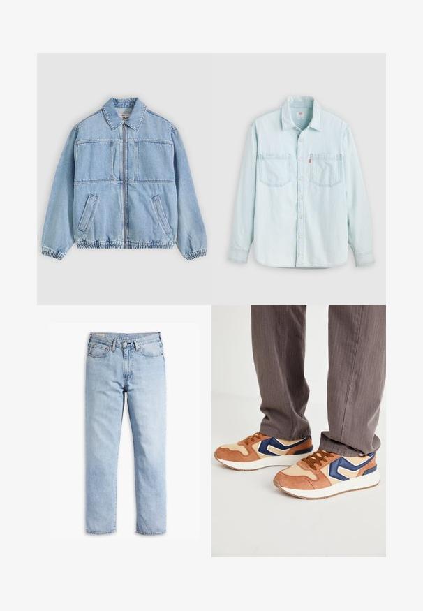 Hellblaue Jeansjacke mit Reißverschluss vorne, weitem Kragen, zwei seitlichen Taschen, elastischen Bündchen und lockerem Schnitt, mit Nahtdetails.; Hellblaues Denim-Langarmhemd mit Knopfleiste vorne, zwei Brusttaschen und Kragen, vor einem einfarbigen hellen Hintergrund gezeigt.; Hellblaue Denim-Jeans mit geradem Bein, fünf Taschenstil und robusten Nähten. Ausgestattet mit einem Reißverschluss und einem Metallknopf.; Sneaker aus einer Kombination von hellbraunem Wildleder und cremefarbenem synthetischem Material, mit blauen Akzenten und einer strukturierten Sohle; braune Schnürsenkel; getragen mit grauen gestreiften Hosen.