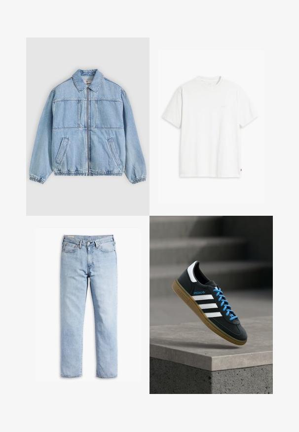 Lichtblauwe spijkerjack met ritssluiting aan de voorkant, spreidkraag, twee zijzakken, elastische manchetten en een losse pasvorm, met naaddetails.; Wit katoenen T-shirt met korte mouwen, ronde hals en een subtiel "Levi's" logo in een lichte kleur op de voorkant gedrukt.; Lichtblauwe denim jeans met een rechte pijpdesign, vijfzakkenstijl en stevige stiksel-details. Voorzien van een rits en metalen knop.; Zwarte Adidas-sneaker met witte strepen, blauwe veters en een gumzool die boven een grijze betonnen trede zweeft in zacht licht.