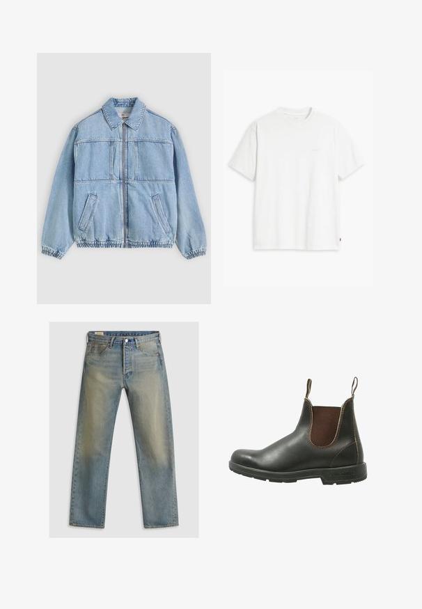 Veste en denim bleu clair avec une fermeture éclair à l'avant, un col à revers, deux poches latérales, des poignets élastiques et une coupe décontractée, avec des détails de coutures.; T-shirt en coton blanc à manches courtes, col rond, avec un logo "Levi's" discret imprimé en couleur claire sur le devant.; Jean en denim bleu clair, coupe droite, avec un lavage délavé, fermeture à bouton en métal et coutures orange sur les poches.; Bottines Chelsea en cuir noir lisse avec des panneaux élastiques marron sur les côtés, des coutures contrastantes et une semelle en caoutchouc texturée.