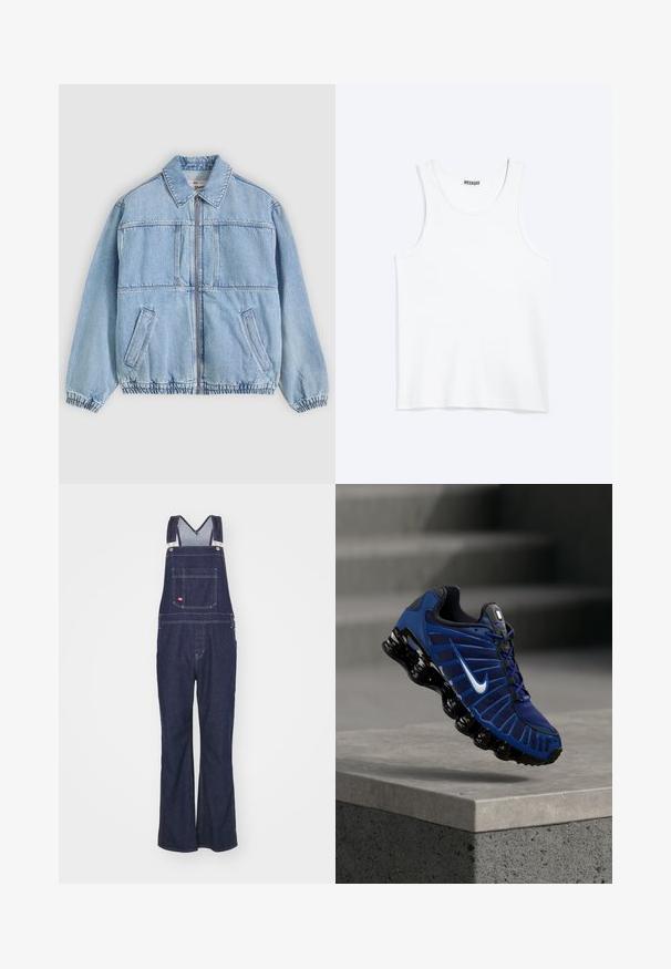 Lyseblå denimjakke med lynlås foran, bred krave, to sidelommer, elastiske manchetter og en afslappet pasform med sømdetaljer.; Hvid ærmeløs tanktop med rund halsudskæring og Weekday-mærke på den indvendige baghals, vist fladt på lys baggrund.; Dickies CLASSIC - Jeans Straight Leg - rinsed; Blå og sort Nike løbesko med hvid swoosh-logo, svævende over en betonforkant med teksturerede trin i den slørede baggrund.