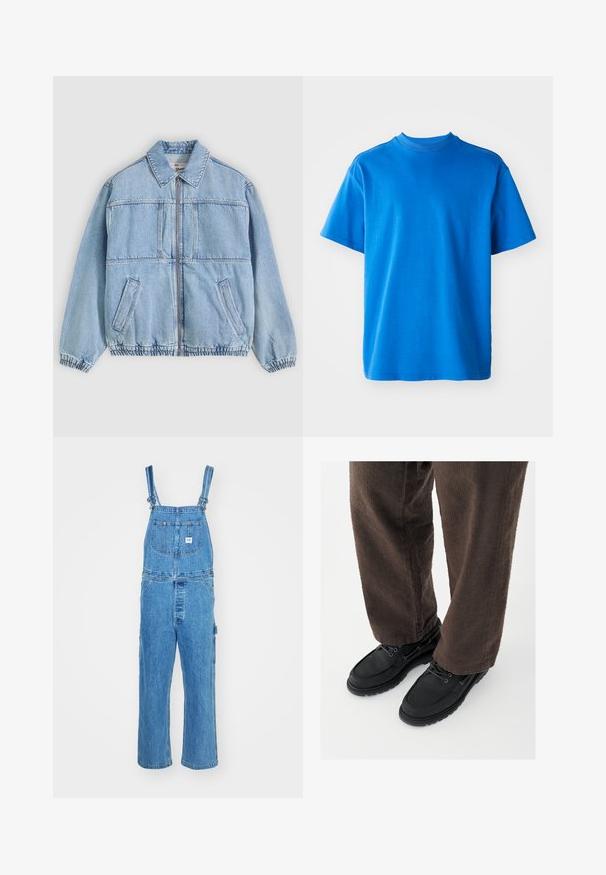 Veste en denim bleu clair avec une fermeture éclair à l'avant, un col à revers, deux poches latérales, des poignets élastiques et une coupe décontractée, avec des détails de coutures.; T-shirt en coton bleu avec un col rond, des manches courtes et une coupe décontractée. Texture lisse et design simple sans motifs ni accents.; Salopette en denim avec bretelles réglables, jambes larges et une poche frontale avec une étiquette. Couleur bleu clair avec une finition texturée.; Chaussures en cuir noir avec une finition lisse, bout arrondi et design à lacets, associées à un pantalon marron texturé. Vue en contre-plongée.