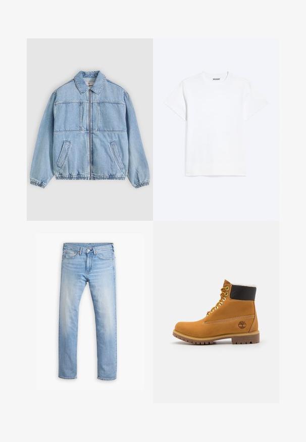 Lichtblauwe spijkerjack met ritssluiting aan de voorkant, spreidkraag, twee zijzakken, elastische manchetten en een losse pasvorm, met naaddetails.; Effen wit T-shirt met korte mouwen en een ronde hals met een "WEEKDAY" label aan de binnenkant van de achterkraag, getoond op een lichte achtergrond.; Lichtblauwe denim jeans met een rechte pijp, vijf zakken en een knoopsluiting. Kenmerkt zich door subtiele vervaging en oranje stikselaccenten.; Bruine leren enkellaars met metalen oogjes, witte faux bont voering, zwarte gewatteerde kraag, robuuste zool en een reliëflogo aan de zijkant.