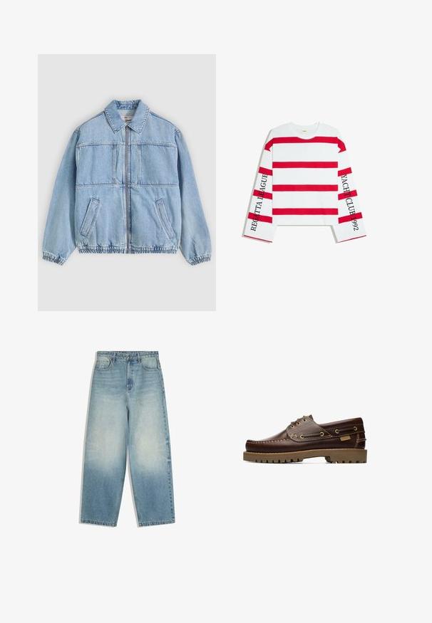 Lichtblauwe spijkerjack met ritssluiting aan de voorkant, spreidkraag, twee zijzakken, elastische manchetten en een losse pasvorm, met naaddetails.; Wit shirt met lange mouwen met rode horizontale strepen en zwarte tekst op de mouwen met de tekst "Regatta League" en "Yacht Club 1992".; Lichtblauwe denim jeans met wijde pijpen, voorzakken, knoopsluiting en vervaagde wassing op dijen en knieën.; Bruine leren veterschoen voor op een boot met gestikte details en een dikke rubberen zool, gezien vanaf de zijkant.