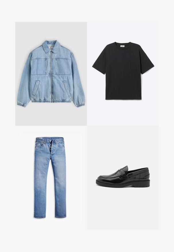 Hellblaue Jeansjacke mit Reißverschluss vorne, weitem Kragen, zwei seitlichen Taschen, elastischen Bündchen und lockerem Schnitt, mit Nahtdetails.; Schwarzes T-Shirt mit kurzen Ärmeln und Rundhalsausschnitt in lockerer Passform, Vorderansicht, schlichtes Design und sichtbares Weekday-Label im Krageninneren.; Helle blaue Jeans mit geradem Bein, Fünf-Knopf-Verschluss, Gürtelschlaufen und dezentem Verblassen. Verfügt über zwei Fronttaschen und kupferfarbene Nieten.; Schwarze Lederloafers mit glatter Oberfläche, abgerundetem Zehenbereich, niedrigem Absatz und dekorativer Naht entlang der Vorderseite. Gummisohle für guten Halt.