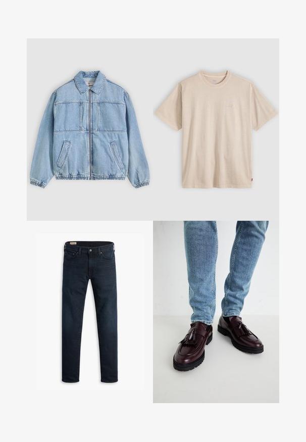 Veste en denim bleu clair avec une fermeture éclair à l'avant, un col à revers, deux poches latérales, des poignets élastiques et une coupe décontractée, avec des détails de coutures.; T-shirt beige à manches courtes avec col rond, logo Levi’s discret sur la poitrine et petite étiquette rouge sur la couture latérale.; Jean slim bleu foncé avec un design à cinq poches et fermeture à bouton, posé à plat sur un fond blanc.; Mocassins en cuir bourgogne avec pompons et dessus texturé, associés à un jean en denim bleu clair. Semelle en caoutchouc noir visible.