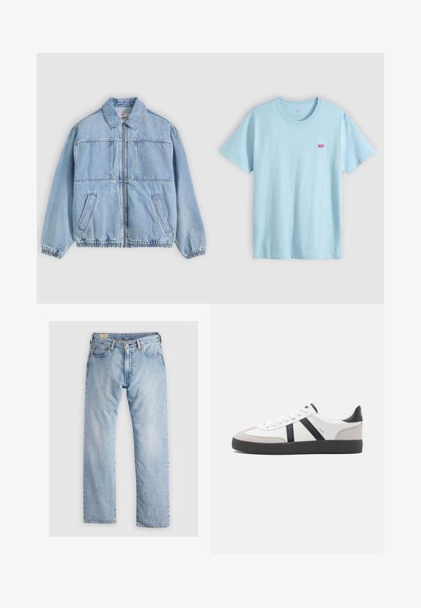 Lyseblå denimjakke med lynlås foran, bred krave, to sidelommer, elastiske manchetter og en afslappet pasform med sømdetaljer.; Lyseblå T-shirt med korte ærmer og rund halsudskæring med lille rødt Levi's-logo på venstre bryst.; Lyseblå denim jeans med lige pasform, fem-lomme design, diskret slidmærker og kontrastsyning. Knap- og lynlåslukning.; Hvide sneakers med sorte og grå detaljer, med en tekstureret grå tåhætte, sort gummisål og flade hvide snørebånd. Rent design, minimalistisk stil.