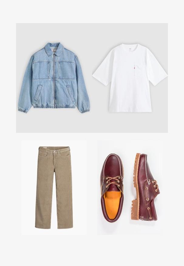 Lichtblauwe spijkerjack met ritssluiting aan de voorkant, spreidkraag, twee zijzakken, elastische manchetten en een losse pasvorm, met naaddetails.; Wit katoenen T-shirt met korte mouwen, ronde hals en een borstzak aan de linkerkant. Heeft een klein rood logotagje op de zak.; Lichtbruine corduroy broek in een wijd model, met een knoop- en ritssluiting, vijf zakken en een zachte, ribbeltextuur.; Bordeaux leren schoenen met bruine rubberen zolen, ronde neus, witte stiksels en gouden veterogen. Het interieur heeft een gele voering.