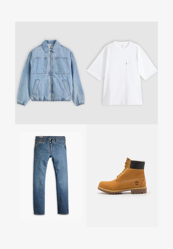 Lichtblauwe spijkerjack met ritssluiting aan de voorkant, spreidkraag, twee zijzakken, elastische manchetten en een losse pasvorm, met naaddetails.; Wit katoenen T-shirt met korte mouwen, ronde hals en een borstzak aan de linkerkant. Heeft een klein rood logotagje op de zak.; Blauwe denim jeans met een rechte pijp, voorzien van een knoopsluiting, vijf zakken en een subtiele vervaagde textuur over het geheel.; Bruine leren enkellaars met metalen oogjes, witte faux bont voering, zwarte gewatteerde kraag, robuuste zool en een reliëflogo aan de zijkant.