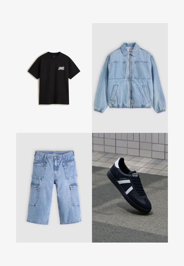 Lyseblå denimjakke med lynlås foran, bred krave, to sidelommer, elastiske manchetter og en afslappet pasform med sømdetaljer.; Vans CHAOS - T-shirts print - black; Lyseblå denim cargo-shorts med fire lommer med klap og knaplukning, vist fladt på en lys baggrund.; Sort lædersneaker med hvide striber, tekstureret gummisål og snørrebånd foran. Har et brandet mærke på tungen.