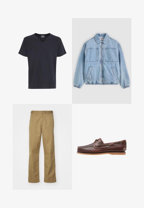 Hellblaue Jeansjacke mit Reißverschluss vorne, weitem Kragen, zwei seitlichen Taschen, elastischen Bündchen und lockerem Schnitt, mit Nahtdetails.; Schwarzes T-Shirt mit kurzen Ärmeln und einem V-förmigen Ausschnitt, einfaches, schmuckloses Design, dargestellt auf weißem Hintergrund.; Khaki Chinos mit geradem Bein, aus glattem Baumwollstoff gefertigt. Mit einer Knopfverschluss vorn und seitlichen Taschen.; Brauner Leder-Bootsschuh mit weißen Nähten, Schnürdetails und hellbrauner Gummisohle, seitlich auf weißem Hintergrund gezeigt.