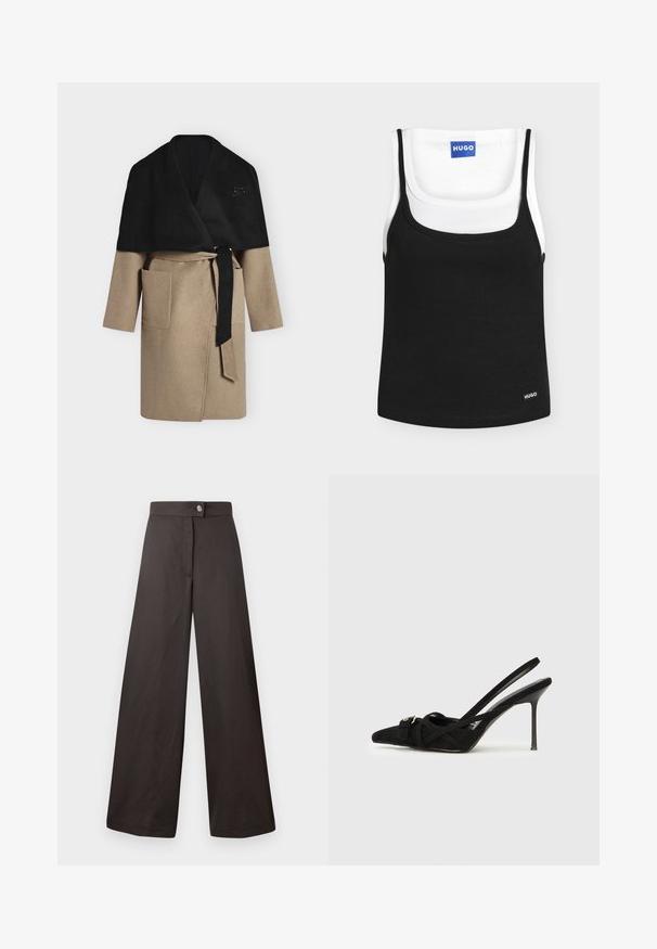 Beige knielange jas met grote voorzakken, zwarte oversized sjaalkraag en zwarte tailleband op een effen achtergrond.; Twee geribbelde tanktops, één zwarte over een witte, beide met ronde halzen en een klein "HUGO" merklabel.; Zwarte wijde broek met een gladde textuur, voorzien van een knoopsluiting aan de voorkant en een strakke, eenvoudige uitstraling. Geen patronen of accenten zichtbaar.; Zwarte suède slingback pumps met spitse neus, gekruiste bandjes en een slanke stilettohak, voorzien van een zilveren accentdetail.