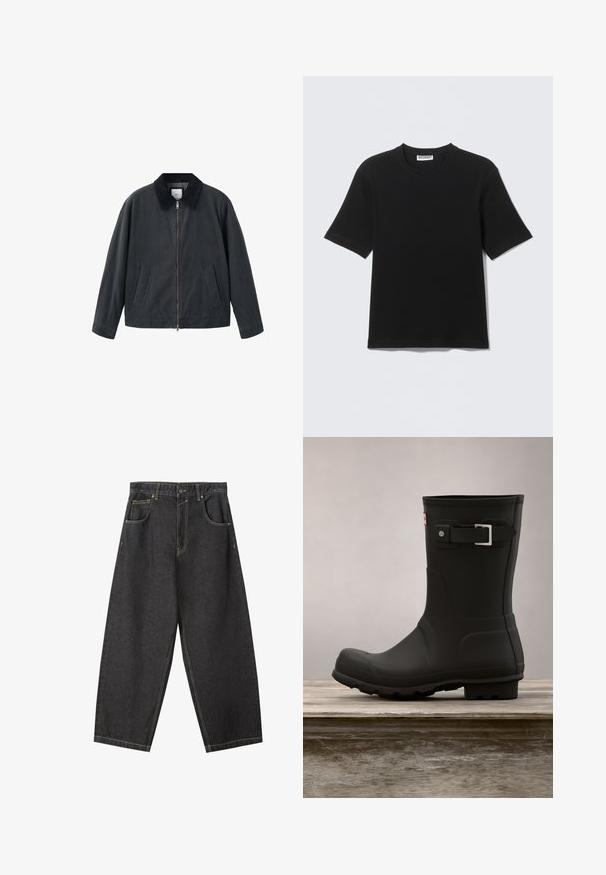 Sort jakke med lynlås foran, spredt krave og to sidelommer. Fremstillet af et glat materiale med en afslappet pasform.; Sort kortærmet T-shirt med rund hals og "WEEKDAY" mærke på indersiden af kraven, vist fladt på en lys baggrund.; Sorte denim brede bukser med gule sømme, fem-lomme-design og en mid-rise talje. Struktureret stof med en glat overflade.; Sorte gummistøvler med lav hæl, rund tå og en sølv spændeaccent. Har en tekstureret sål for godt fodfæste.