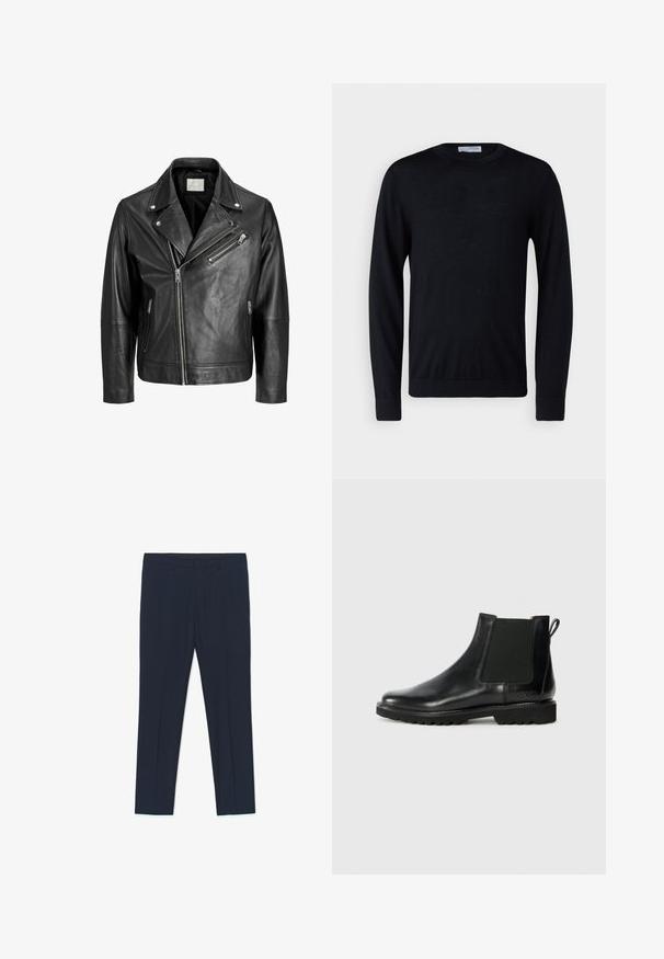 Schwarze Leder-Bikerjacke mit asymmetrischem Frontreißverschluss, drei Reißverschlusstaschen und Druckknopfkragendetail.; Schwarzer Pullover mit langen Ärmeln und Rundhalsausschnitt, mit gerippten Bündchen und Saum, vor weißem Hintergrund präsentiert.; Marineblaue formelle Hose mit maßgeschneidertem Design, glatter Textur und zwei Vordertaschen, mit klaren Linien und geradem Schnitt.; Schwarze Leder-Chelsea-Stiefel mit elastischen Seitenpaneelen, runder Zehenpartie und strukturierter Gummisohle. Mit einer Zuglasche an der Rückseite.