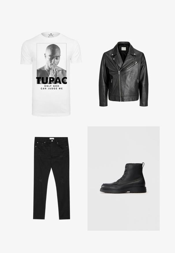 Veste de motard en cuir noir avec fermeture éclair asymétrique à l’avant, trois poches zippées et détail de col à bouton-pression.; T-shirt en coton blanc présentant un graphisme noir et blanc d'un homme joignant les mains en prière, avec le texte "TUPAC" et "SEUL DIEU PEUT ME JUGER."; Jeans slim fit noirs avec des patchs légèrement déchirés, un bouton en métal, des poches avant et une étiquette Pier One sur la taille.; Botte à lacets en cuir noir texturé, avec une semelle épaisse et une languette à l'arrière, vue de côté.