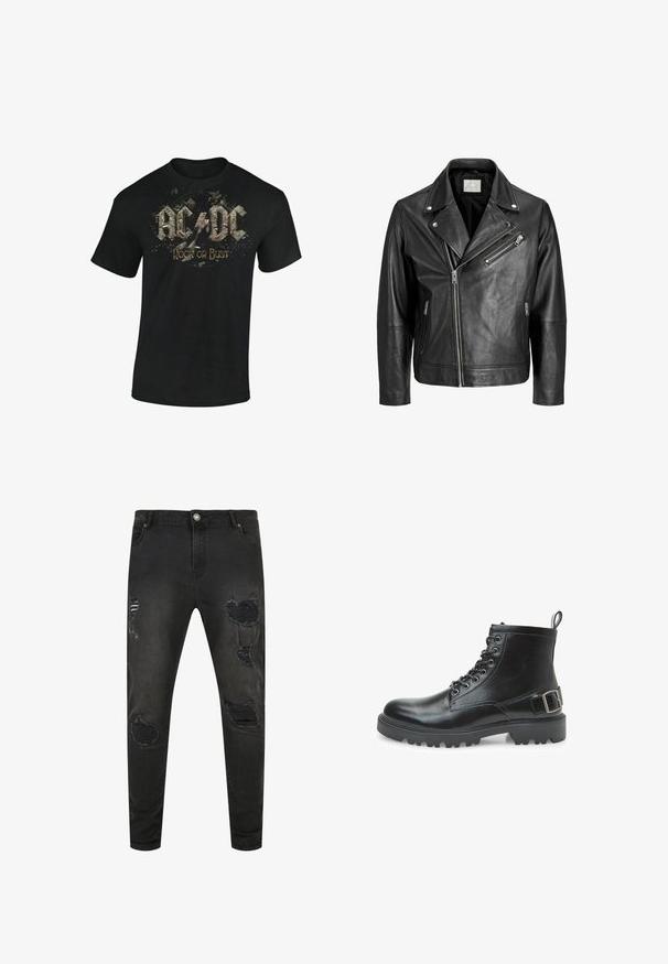 Sort læder motorcykeljakke med asymmetrisk frontlynlås, tre lynlåslommer og snap-knaphalsdetalje.; Sort bomulds t-shirt med grafisk print af "AC/DC" og "Rock or Bust" i slidte, stiliserede bogstaver med splatteraccents.; Sorte denim jeans med slim fit, der har slidte detaljer, huller og falmede områder. Standard fem-lomme design med metal knaplukning.; Sort læder kampsko med snørebånd, metaløjer, robust sål, trækstrop ved hælen og en dekorativ spænde rem på siden.