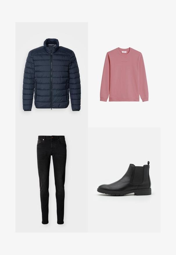 Marineblå puffjakke med vandret syninger, høj krave, frontlynlås og lynlåslommer på siden. Fremstillet af let, isoleret materiale.; Langærmet sweatshirt med rund hals i dæmpet pink med ribstrikkede manchetter og kant, med subtilt "Marc O'Polo DENIM"-logo på brystet.; Sorte skinny-fit jeans med fem lommer, knaplukning og bæltestropper, vist på en ensfarvet lysegrå baggrund.; Sort læder Chelsea-boot med elastiske sidepaneler og en løftestrop, der har en rund tå og en tekstureret gummisål.