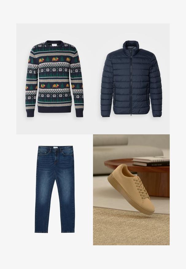 Veste rembourrée bleu marine avec des coutures horizontales, col montant, fermeture éclair à l'avant et poches latérales zippées. Fabriqué en matériau léger et isolant.; Pull en tricot bleu marine avec un motif de vacances comprenant des ours, des arbres et des flocons de neige en vert, marron et blanc. Bords côtelés aux poignets et à l'ourlet.; Jean slim-fit bleu foncé avec des détails délavés, design classique à cinq poches, fermeture à bouton et passants de ceinture.; Baskets beiges à lacets flottant au-dessus d'un tapis texturé avec une table basse en bois et des livres empilés en arrière-plan flou.