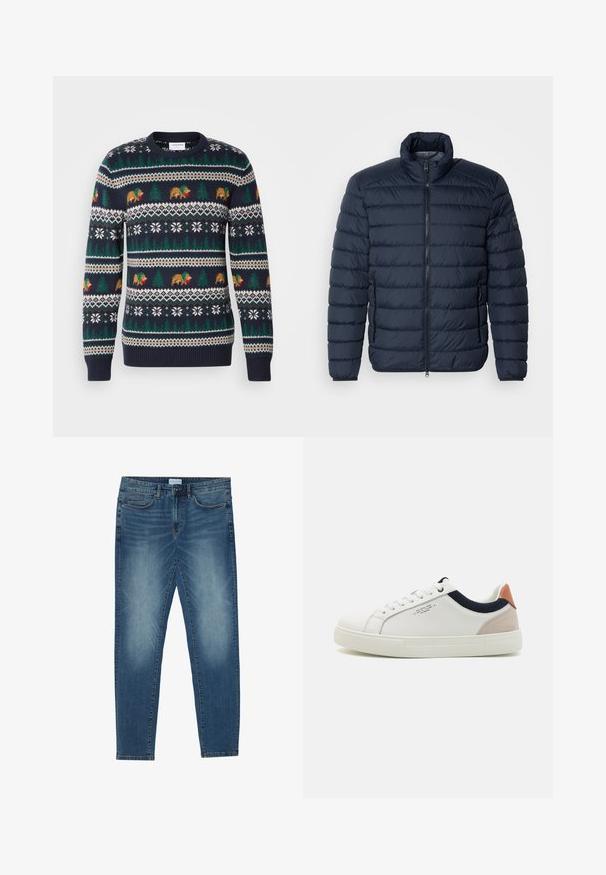 Marineblå puffjakke med vandret syninger, høj krave, frontlynlås og lynlåslommer på siden. Fremstillet af let, isoleret materiale.; Mørkeblå strikket sweater med et helligdomsmønster med bjørne, træer og snefnug i grøn, brun og hvid. Ribbet manchetter og kant.; Denimjeans i midtblå med en falmet vask, fem-lomme design, lige ben pasform og broderede detaljer. Knap- og lynlåslukning.; Hvide lædersneakers med low-top design, marineblå stofdetalje på kraven og en lys lyserød suede hælflap. Gummisål.