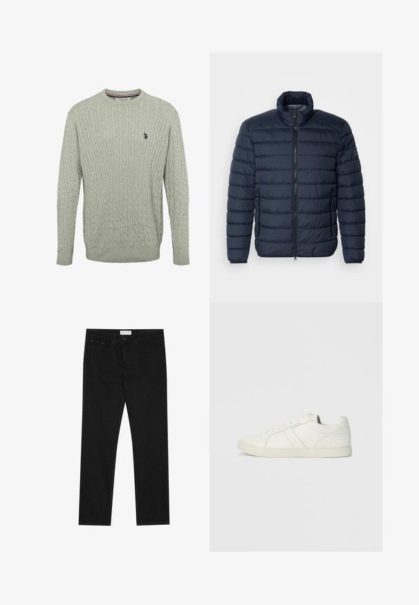 Marineblå puffjakke med vandret syninger, høj krave, frontlynlås og lynlåslommer på siden. Fremstillet af let, isoleret materiale.; Lys grå strikket sweater med kabelmønster, rund halsudskæring og ribbede ærmer. Broderet logo på venstre bryst.; Sorte lige ben jeans med fem-lomme design, knap- og lynlåslukning samt et Pier One mærkeetiket på taljen.; Lave hvide lædersneakers med snørebånd og flad gummisål, set fra indersiden på en ensfarvet baggrund.