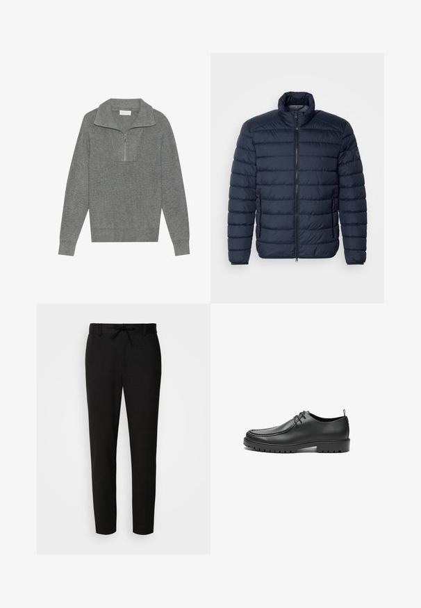Veste rembourrée bleu marine avec des coutures horizontales, col montant, fermeture éclair à l'avant et poches latérales zippées. Fabriqué en matériau léger et isolant.; Pull en maille côtelée gris avec col zippé quart, manches longues et tissu en tricot texturé. Pas de logos ou motifs visibles.; Pantalon noir en tissu doux, doté d'une ceinture à cordon de serrage, d'une coupe slim et d'une jambe fuselée. Aucun motif ou accent notable.; Chaussures en cuir noir avec une finition lisse, bout arrondi et coutures décoratives. Elles possèdent une semelle en caoutchouc avec des rainures de traction et un laçage.