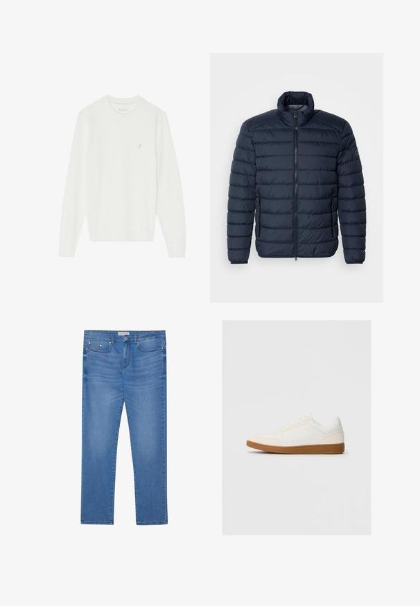 Marineblå puffjakke med vandret syninger, høj krave, frontlynlås og lynlåslommer på siden. Fremstillet af let, isoleret materiale.; Hvid langærmet sweater lavet af blødt strikket materiale. Har en rund hals og et lille broderet fugledesign på venstre bryst.; Lyseblå denimjeans med lige ben, femlommes design, subtil falming og metalbeslag ved taljen og lommerne.; Hvide sneakers med en ruskind tåspids, glat syntetisk overdel og tan gummisål. Har perforeringer på siderne for åndbarhed.