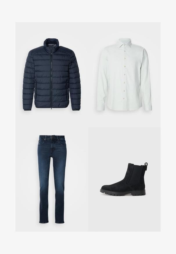 Dunkelblaues Steppjacke mit horizontaler Paspelierung, hohem Kragen, Frontreißverschluss und seitlichen Reißverschlusstaschen. Hergestellt aus leichtem, isoliertem Material.; Hellgrünes Langarmshirt aus weichem Stoff. Verfügt über einen klassischen Kragen, eine durchgehende Knopfleiste und Knopfärmel.; Dunkelblaue Jeans im Denim-Stil mit geradem Schnitt, fünf Taschen, Vorderknopfverschluss und subtilen Verblassungen an den Oberschenkeln.; Schwarzer Wildleder Chelsea Boot mit strukturiertem Obermaterial, elastischen Seitenpaneelen, Zugschlaufe und robustem Gummisohle für besseren Halt.