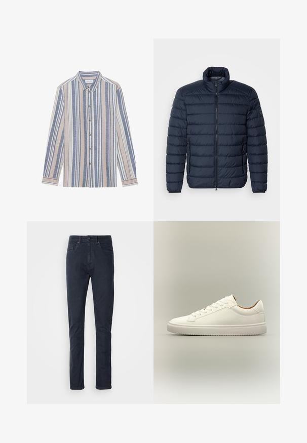 Veste rembourrée bleu marine avec des coutures horizontales, col montant, fermeture éclair à l'avant et poches latérales zippées. Fabriqué en matériau léger et isolant.; Chemise à manches longues avec un col, ornée de rayures verticales bleues, beiges et blanches. Fabriquée dans un tissu texturé, avec un col et des boutons en métal.; Jeans en coton bleu foncé avec une coupe droite, fermeture par bouton et design à cinq poches. Texture lisse et détails de couture minimalistes.; Baskets basses en cuir blanc avec lacets blancs et semelle en caoutchouc texturée, vues de profil sur fond neutre.