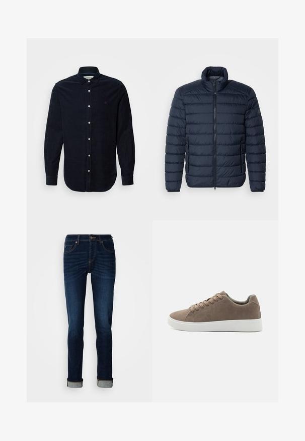 Dunkelblaues Steppjacke mit horizontaler Paspelierung, hohem Kragen, Frontreißverschluss und seitlichen Reißverschlusstaschen. Hergestellt aus leichtem, isoliertem Material.; Hemd aus mitteldicker Baumwollcord für Männer in Marineblau mit langen Ärmeln, button-down Kragen und vorderer Knopfleiste. Mit einem kleinen gestickten Logo auf der Brust.; Dunkelblaue Jeans mit geradem Bein, Reißverschluss und umgeschlagenem Saum. Aus Denim mit leichter Ausbleichung und kontrastierenden Nähtelementen gefertigt.; Braune Wildledersneaker mit flachen weißen Gummisohlen, Schnürdesign, abgerundete Zehen und einer glatten Textur. Minimalistischer Stil mit dezenten Nähdetails.