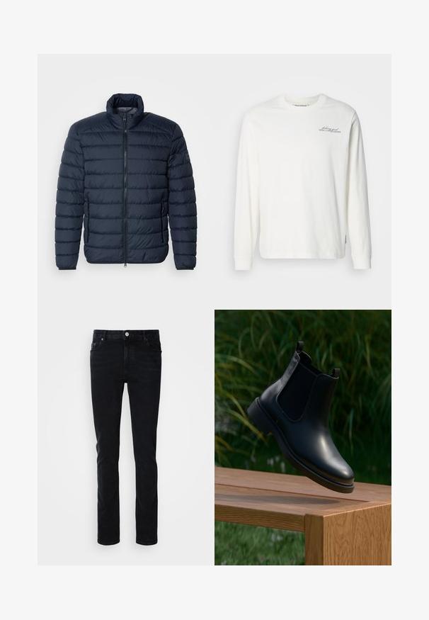Dunkelblaues Steppjacke mit horizontaler Paspelierung, hohem Kragen, Frontreißverschluss und seitlichen Reißverschlusstaschen. Hergestellt aus leichtem, isoliertem Material.; Weißes Langarm-T-Shirt aus Baumwolle, mit rundem Hals, gerippten Bündchen und dezentem grafischem Text auf der linken Brust in Dunkelblau.; Schwarze Denim-Jeans mit einer schmalen Passform, ausgestattet mit einer Vordertasche, Gürtelschlaufen und einem Knopfverschluss. Glatte Textur, minimalistisches Design.; Schwarze Leder-Stiefelette mit elastischen Seitenpaneelen, schwebend über einer hölzernen Bank, mit grünem Laub im Hintergrund.