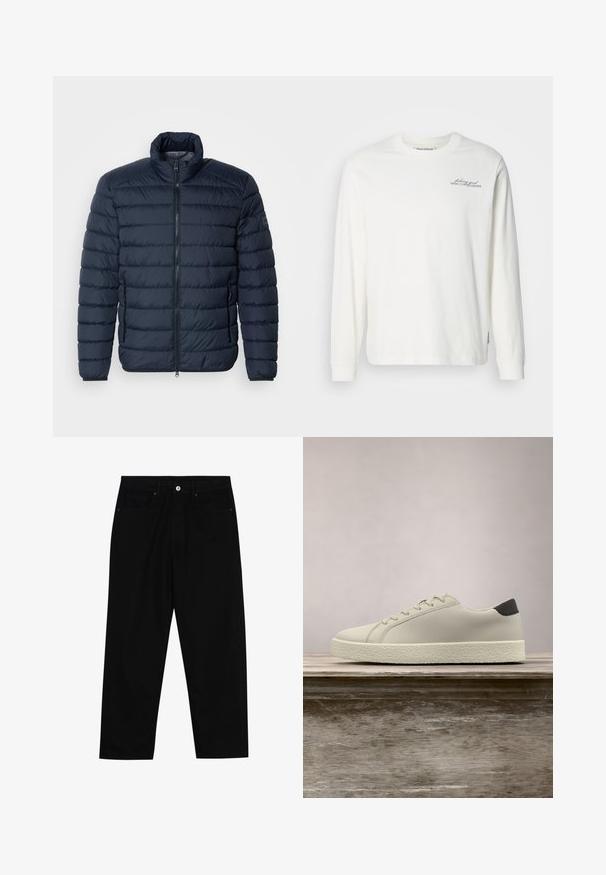 Marineblå puffjakke med vandret syninger, høj krave, frontlynlås og lynlåslommer på siden. Fremstillet af let, isoleret materiale.; Hvid langærmet t-shirt lavet af bomuld, med rund hals, ribbede manchetter og subtil grafisk tekst på venstre bryst i mørkeblå.; Sorte denim bukser med lige ben, der har to forlommer, en knaplukning foran og subtile syningsdetaljer.; Hvid sneaker med tekstureret sål og sort hældetalje, svævende over en træbænk med højt grønt græs i baggrunden.