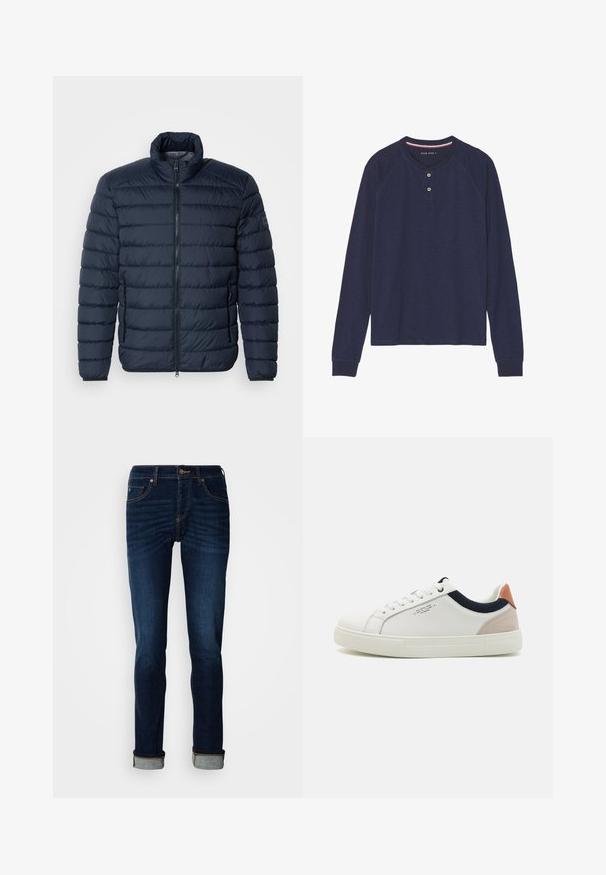 Marineblå puffjakke med vandret syninger, høj krave, frontlynlås og lynlåslommer på siden. Fremstillet af let, isoleret materiale.; Langærmet, mørkeblå henley-shirt med rund halsudskæring, to-knaps lukning og ribbede ærmekanter. Blød tekstur, afslappet design.; Dunkelblå jeans med lige ben, lynlås, og opkrøllede kanter. Fremstillet af denim med let falmende farve og kontrastfarvede syninger.; Hvide lædersneakers med low-top design, marineblå stofdetalje på kraven og en lys lyserød suede hælflap. Gummisål.