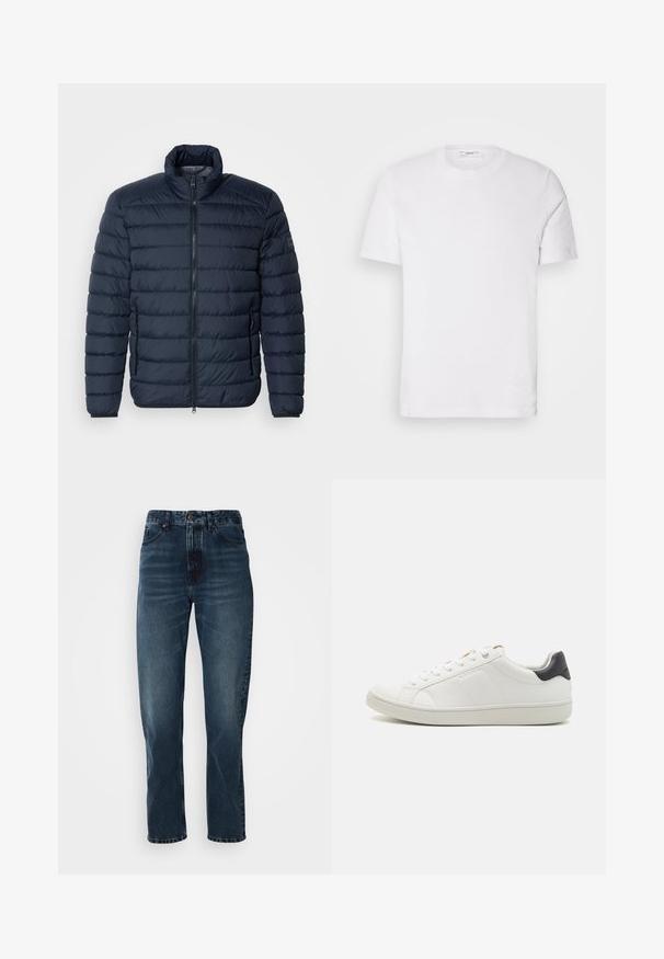 Dunkelblaues Steppjacke mit horizontaler Paspelierung, hohem Kragen, Frontreißverschluss und seitlichen Reißverschlusstaschen. Hergestellt aus leichtem, isoliertem Material.; Weißes Baumwoll-T-Shirt mit Rundhalsausschnitt und kurzen Ärmeln. Verfügt über ein dezentes Logo auf der Vorderseite, eine glatte Textur und eine klassische Passform.; Dunkelblaue gerade Jeans mit Knopf- und Reißverschluss vorne, Fünf-Taschen-Design und subtiler Ausbleichung an Oberschenkeln und Knien.; Weiße Leder-Sneaker mit abgerundetem Zeh, flacher Gummisohle, seitlichen Nahtdetails und einem kontrastierenden dunklen Fersenakzent. Schnürsenkel mit metallischen Ösen.