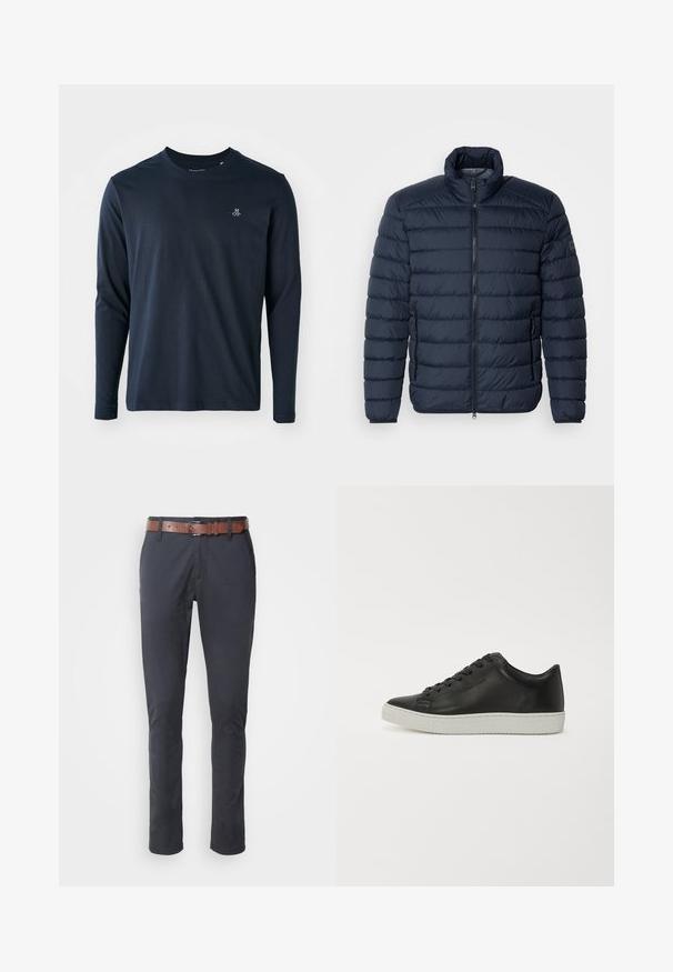 Marineblå puffjakke med vandret syninger, høj krave, frontlynlås og lynlåslommer på siden. Fremstillet af let, isoleret materiale.; Langærmet navy blå T-shirt lavet af blødt bomuld, med rund halsudskæring og et lille hvidt logo på venstre bryst.; Marineblå bukser med slim fit, lavet af bomuldsblanding, med et brunt læderbælte og subtile detaljer på forlommerne.; Sorte lædersneakers med rund tå, flad hvid gummisål og seks huller til snørebånd. Glat overflade, minimalistisk stil.