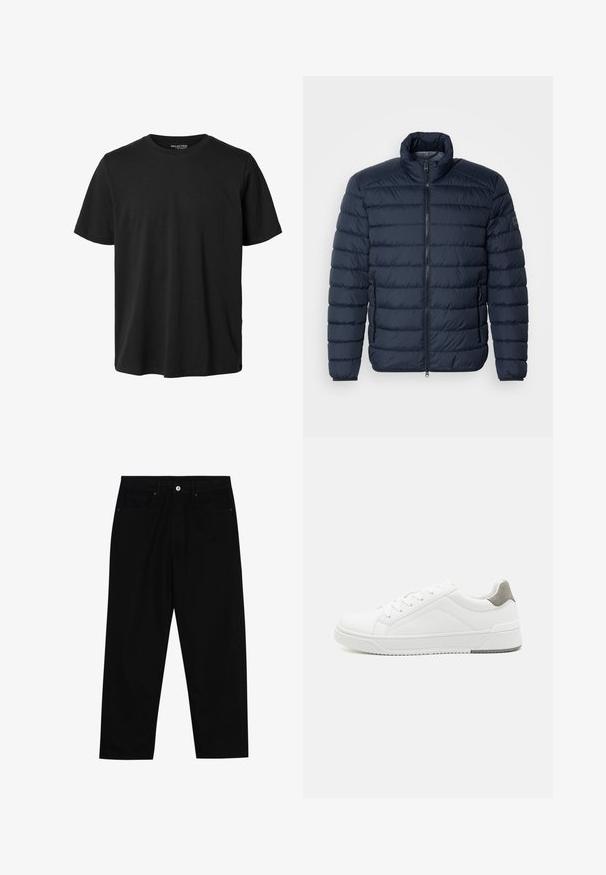 Dunkelblaues Steppjacke mit horizontaler Paspelierung, hohem Kragen, Frontreißverschluss und seitlichen Reißverschlusstaschen. Hergestellt aus leichtem, isoliertem Material.; Schlichtes schwarzes Kurzarm-T-Shirt mit Rundhalsausschnitt, regulärer Passform und ohne sichtbares Design oder Branding auf der Vorderseite.; Schwarze Jeans mit geradem Bein, zwei vorderen Taschen, Knopfleiste und dezenten Steppnähten.; Weißer Sneaker aus glattem Leder, runde Zehenpartie, minimalistisches Design, graue Fersenkante und strukturierte Gummisohle.