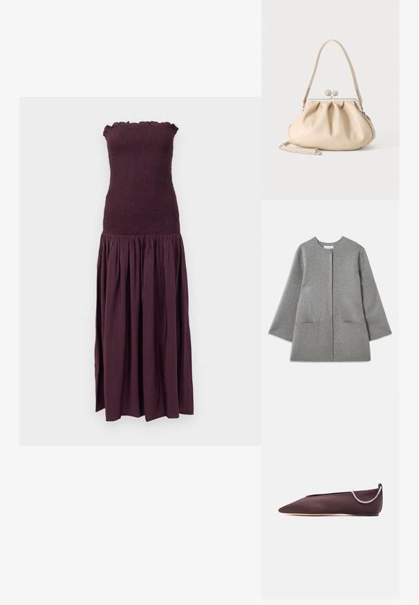 Manteau en laine gris à manches longues avec col rond et fermeture frontale dissimulée, présenté à plat sur un fond blanc.; Robe sans bretelles de couleur violet foncé avec un corsage smocké, un col à volants et une jupe évasée et froncée. Fabriquée en tissu léger et texturé.; Chaussure plate marron foncé à bout pointu avec un petit talon et un détail chaîne en strass argentée à l'arrière.; Sac à main en cuir souple beige avec un fermoir en métal argenté, une bandoulière simple et une bandoulière chaîne optionnelle sur fond blanc.