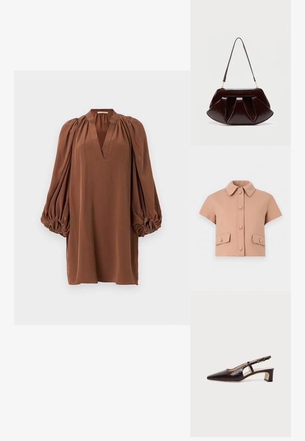 Veste beige courte avec manches courtes, grand col, boutons recouverts à l'avant, et deux poches à rabat avec boutons à la taille.; Robe mini marron à manches longues avec un décolleté en V profond, des manches bouffantes froncées et des poignets élastiques sur un fond blanc uni.; Chaussure slingback en cuir marron foncé à texture crocodile, bout pointu, talon bas bloc et bride ajustable avec boucle dorée.; Sac à main en cuir marron foncé avec plis froncés, ferrures dorées et une seule bandoulière, sur un fond clair uni.