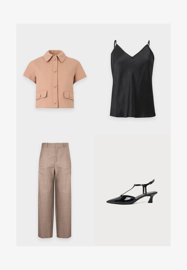 Veste beige courte avec manches courtes, grand col, boutons recouverts à l'avant, et deux poches à rabat avec boutons à la taille.; Haut caraco en satin noir avec bretelles fines réglables et encolure en V, présenté sur un fond gris clair.; Pantalon marron texturé avec une coupe droite, taille mi-haute et sans quincaillerie ni poches visibles.; Chaussure slingback en cuir verni noir à bout pointu avec bride en T et petit talon bloc incliné sur fond blanc.