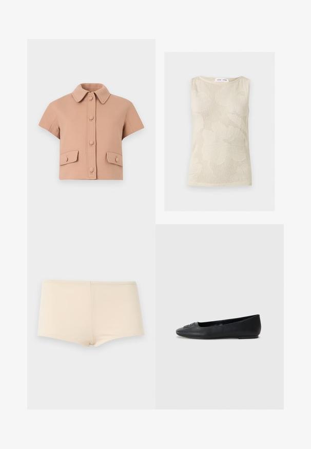 Veste beige courte avec manches courtes, grand col, boutons recouverts à l'avant, et deux poches à rabat avec boutons à la taille.; Haut sans manches beige en maille avec motif floral texturé et col rond, étiqueté Samsøe Samsøe au niveau du col.; Sous-vêtement beige style boyshort sans couture avec une texture lisse, présenté à plat sur un fond gris clair.; Ballerine en cuir noir avec une texture lisse, bout arrondi et décoration subtile à l'avant. Talon plat et bas.