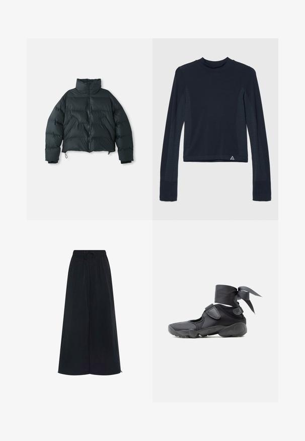 Chaqueta corta de plumón negra con cuello alto, patrón acolchado, cremallera frontal y puños elásticos; cuenta con cordones ajustables en el dobladillo.; Camiseta de manga larga azul marino con textura de canalé, con acentos de puntos a lo largo de las mangas y un cuello alto. Logo de la marca en la parte inferior izquierda.; Pantalones amplios negros con cintura elástica y cordón ajustable. Hechos de una tela ligera con una textura suave. Sin patrones visibles.; Zapatilla deportiva negra con aberturas, correas de velcro y envoltura en el tobillo atada en un lazo, vista lateral sobre un fondo blanco.