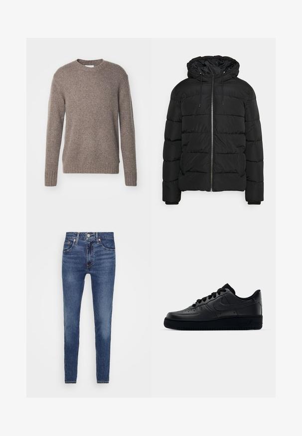 Sort puffjakke med hætte, med lynlås foran, elastiske manchetter og kviltet design. Lavet af letvægts, isoleret materiale.; Brun, strikket sweater med rund hals, lange ærmer og ribbede manchetter og kant, som har en blød, tekstureret overflade.; Blå denimjeans med slim fit, knaplukning og fem-lomme design. Der ses let blegning og syningsdetaljer.; Sort Nike Air Force 1 sneaker med en glat læderoverdel, perforeret tå for åndbarhed, sorte snørebånd og en textured gummisål.