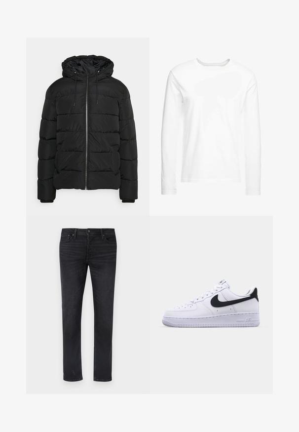 Chaqueta acolchada negra con capucha, con cierre frontal de cremallera, puños elastizados y diseño acolchado. Fabricada con material ligero e insulated.; Camiseta blanca de manga larga hecha de algodón suave. Cuello redondo con dobladillos rectos y sin patrones ni gráficos visibles.; Vaqueros de mezclilla negra con corte de pierna recta, que cuentan con cinco bolsillos, una pretina de talle medio y detalles sutiles de desgaste.; Zapatilla blanca de cuero con un Swoosh negro texturizado, cordones planos y una suela de goma con un patrón estriado. "AIR" está grabado en el talón.