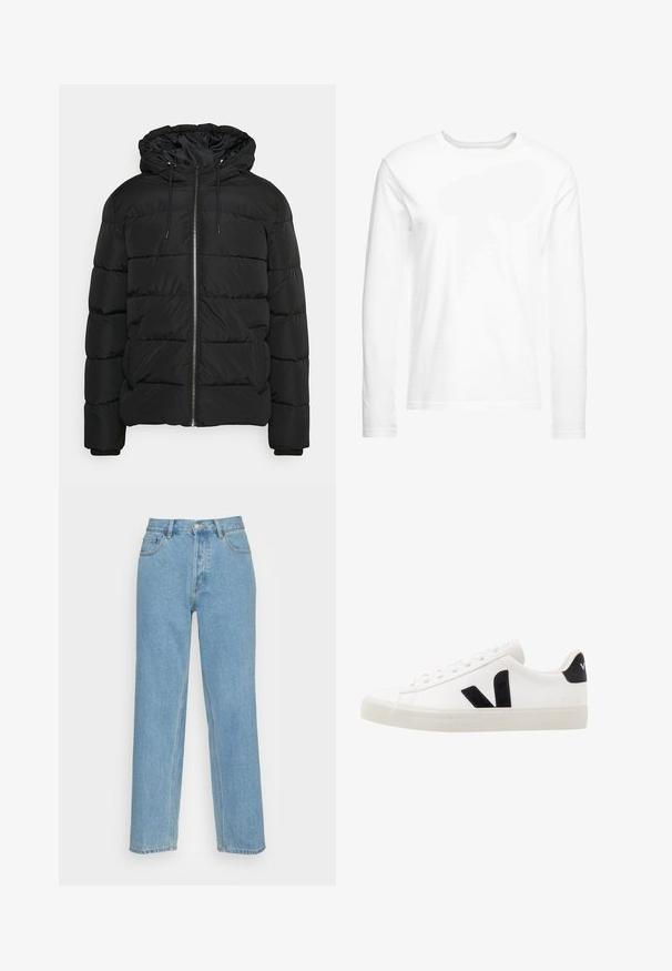 Schwarze Daunenjacke mit Kapuze, ausgestattet mit einem Reißverschluss vorne, elastischen Bündchen und einem gesteppten Design. Hergestellt aus leichtem, isoliertem Material.; Langärmliges, weißes T-Shirt aus weicher Baumwolle. Rundhalsausschnitt mit geraden Saumabschlüssen und ohne sichtbare Muster oder Grafiken.; Helle blaue gerade geschnittene Jeans aus Denim mit einem klassischen Fünf-Taschen-Design, einem vorderen Knopfverschluss und sichtbaren Nähdetails.; Weiße Leder-Sneaker mit schwarzen Wildlederelementen; verfügen über eine Gummisohle, eine runde Spitze und ein klassisches Schnürdesign. Seitliches Logo in Schwarz.