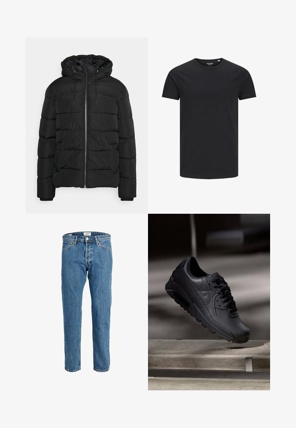 Doudoune noire avec capuche, doté d'un zip sur le devant, de poignets élastiqués et d'un design matelassé. Fabriquée en matériau léger et isolant.; T-shirt en coton noir avec un col rond, des manches courtes et un design simple. Texture lisse, sans motifs ni éléments visibles.; Jean en denim bleu clair à coupe droite, avec poches avant et coutures contrastées. La taille comprend une fermeture par bouton.; Baskets noirs Nike Air Max avec un dessus en cuir texturé, semelle en caoutchouc et un système de laçage proéminent, mettant en avant un design moderne et épuré.