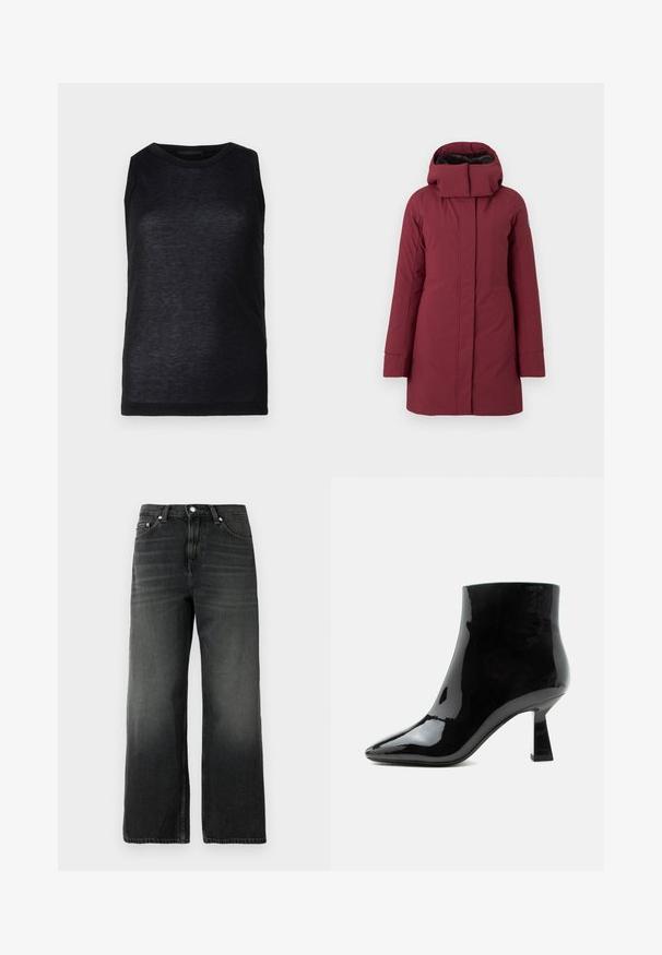 Manteau isolant bordeaux avec col haut et capuche ; doté d'une fermeture à glissière sur le devant et de poches latérales ; texture lisse, design mi-long.; Haut sans manches noir en tissu léger. Il présente un col rond et une texture lisse avec un éclat subtil. Design simple, sans motifs.; Jean en denim noir avec une coupe décontractée, design à jambe droite, texture délavée, style à cinq poches et bouton argenté de fermeture à la taille.; Bottine noire en cuir verni brillant avec bout pointu et talon mi-haut évasé sur fond blanc.
