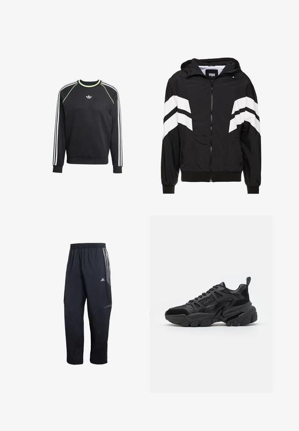 Sort vindjakke med hvide skrå striber, lynlås, hætte, elastiske manschetter og en ensfarvet sort kant. Materialet virker let.; Sort sweatshirt med hvidt tre-stribesdesign på ærmerne og limegrønne detaljer. Har rund halsudskæring og et lille logo på brystet.; Sorte atletiske bukser med elastisk talje, der har grå sidelister, et struktureret panel og en tapered ben-design.; Sorte sneakers med en kombination af glatte og teksturerede materialer, en chunky sål, snøredesign og markante sideaccents.
