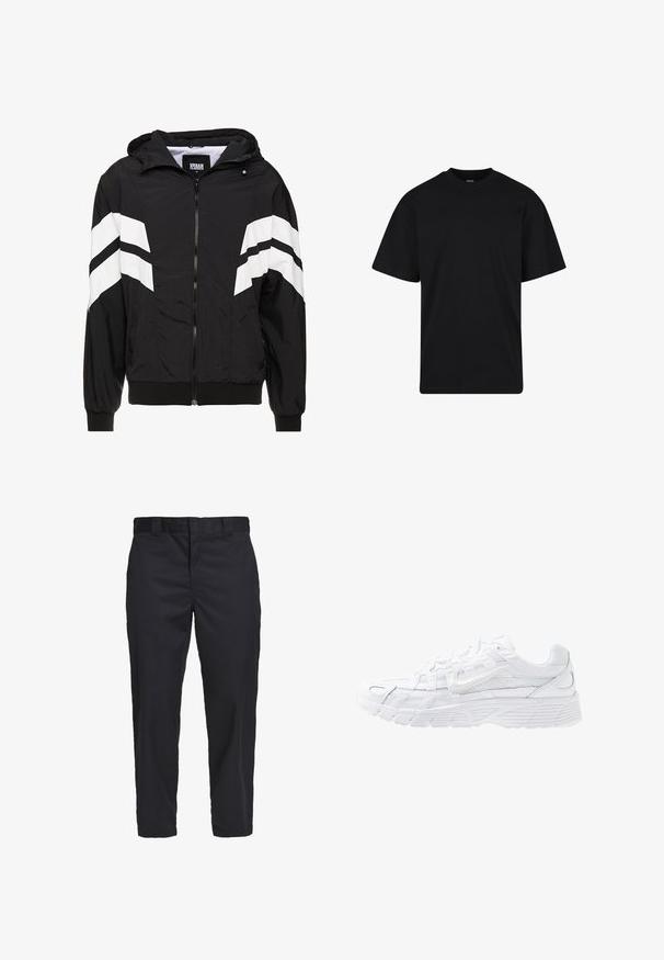 Black windbreaker jacket featuring white diagonal stripes, a zip closure, hood, elastic cuffs, and a solid black hem. Material appears lightweight.; Black short-sleeve crewneck T-shirt with a relaxed fit, plain design, and no visible logos or patterns.; Black chinos made of lightweight cotton fabric, featuring a straight-leg cut, side pockets, and a button closure at the waistband.; Nike Sportswear P-6000 - Trainers - white/platinum tint